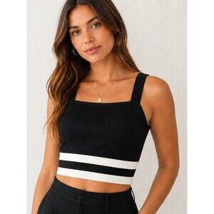 Edited by Remi Bader Black White Striped Knit Crop Tank Top Stretch Medium NWT